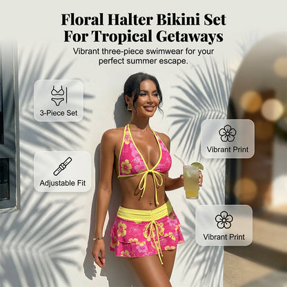 3-teiliges Bikini-Set mit Blumenmuster und Neckholder sowie Rüschenrock